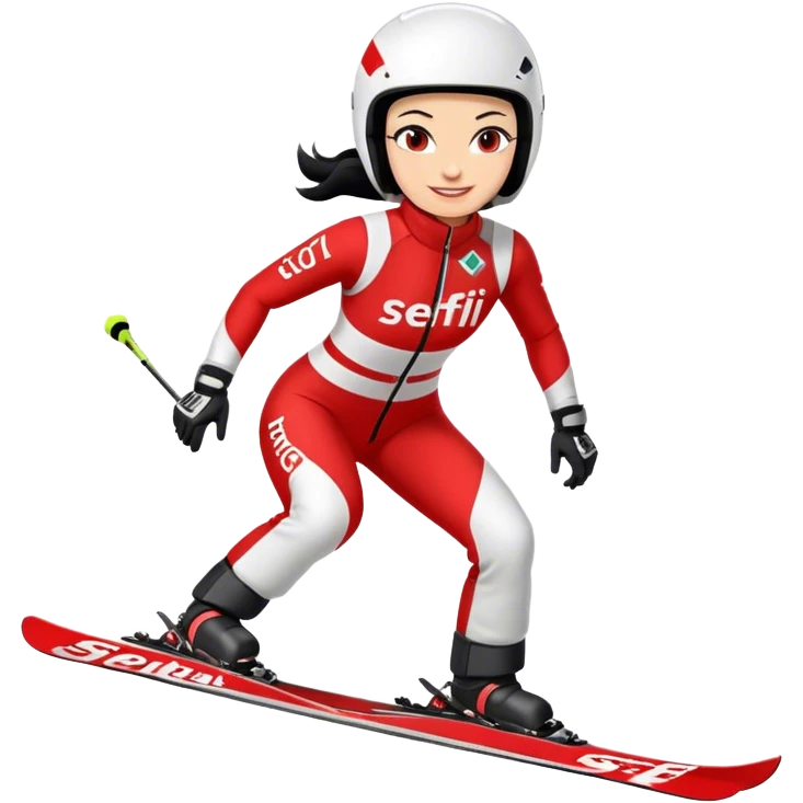 Ski racer downhill squat woman red white dress with the name Steffi on the dress Ski Head lettering black hair smile emoji