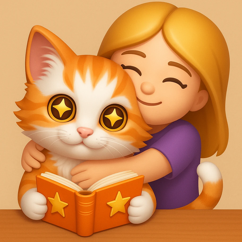A kitten sitting at a table holding a book with stars in its eyes, and a girl hugging him from behind, emoji style. emoji