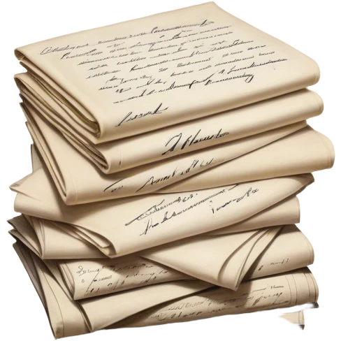 Icon for Autograph Collecting: several vintage framed with signatures of famous celebrities sheets stacked one on top of the other, each . The icon should evoke the charm and history of collecting autographs. Transparent background. emoji