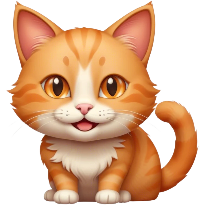 A cheerful, smiling cat with bright, sparkling eyes, slightly tilted head, and a playful expression. The cat has soft, fluffy fur and a small, curved tail. The background is simple and minimalistic, emphasizing the cat's joyful demeanor. emoji
