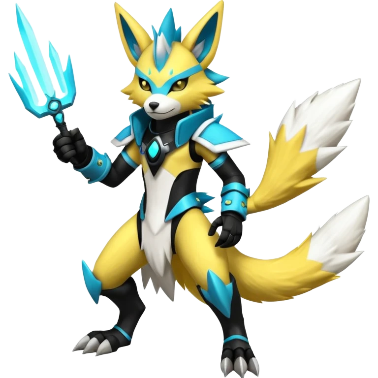 Shiny badass cool edgy spikey fluffy realistic cyan yellow white electric complex futuristic Zeraora-Renamon-Lombax-Electrike-Umbreon-Manectric-Weregarurumon-fusion-creature (full body) wearing black gauntlets emoji