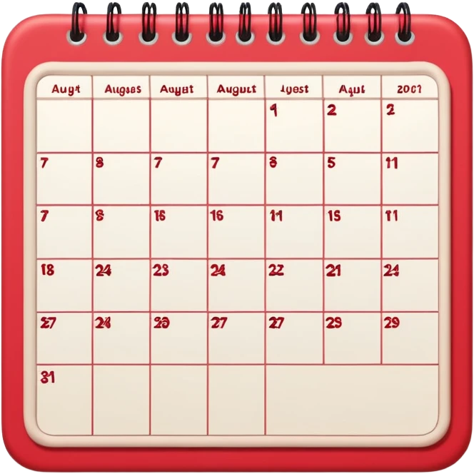 a monthly calendar labeled “August,” with rounded square date boxes, scalloped border frame, playful red doodle lines, and a cozy planner vibe. Minimal kawaii style, flat pastel color palette, slightly imperfect sketch lines, centered object, no background emoji