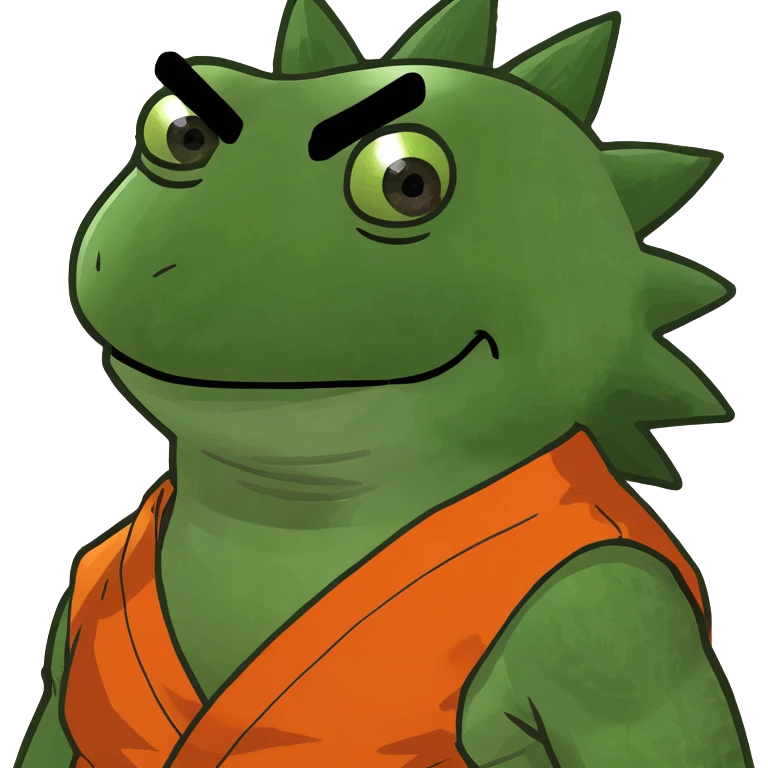 Pepe the Frog with Goku's spiky hair and orange gi emoji