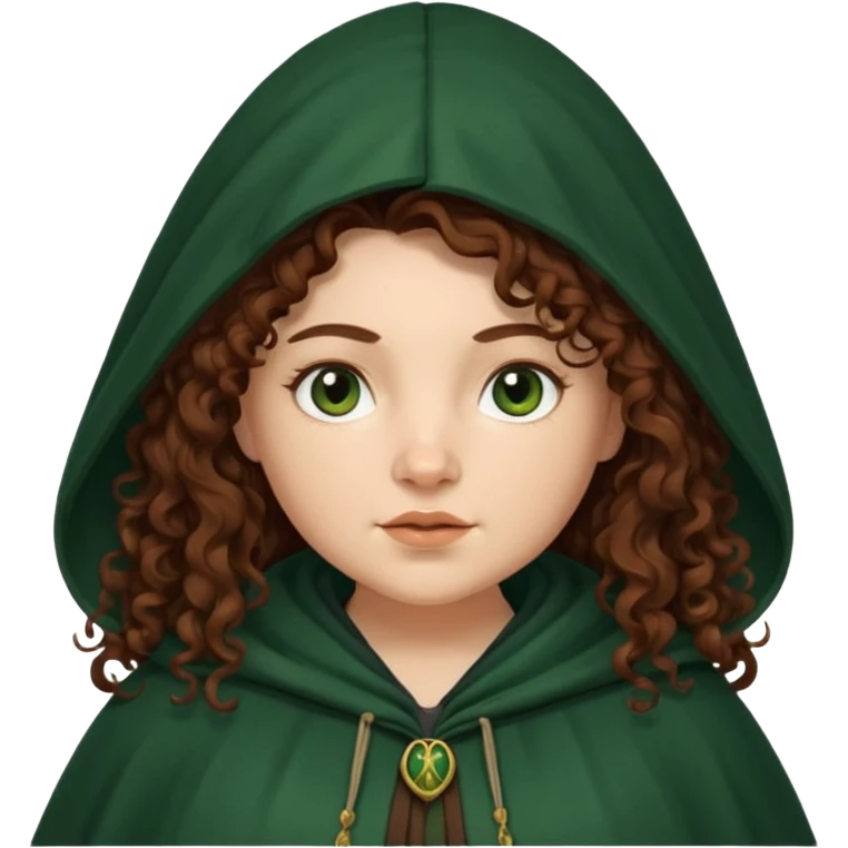 A white woman with a chubby face, with extra long dark auburn hair, cloaked and hooded like she's a Traitor in the tv show 'The Traitors'. her hair is frizzy curly, not with defined curls, and the robe is a very dark green/almost black color emoji