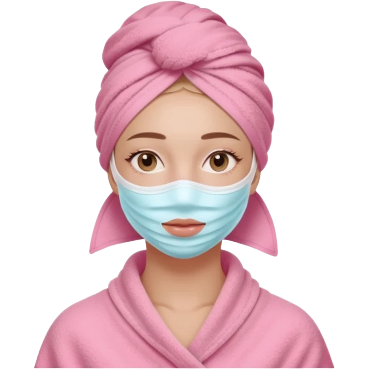 Clean girl influencer character, chest-up portrait, wearing a pink towel wrapped around the head, facial skincare mask on face, relaxed confident expression, soft glow skin, minimal chic aesthetic, subtle beauty accessories, calm self-care vibe emoji