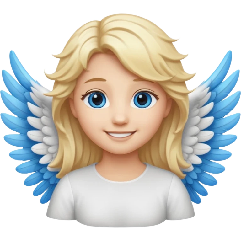 angel emoji blonde hair, blue eyes and smiling, larger wings with darker outline on them and bigger smile emoji