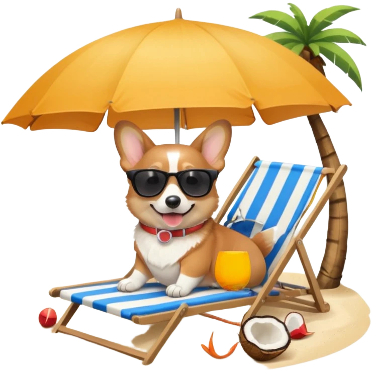 a corgi dog laied on a beach chair, a sunny beach, a sun umbrella, and beach coconut trees. the icon should capture the essence of a relaxing beach vacation with a carefree atmosphere emoji