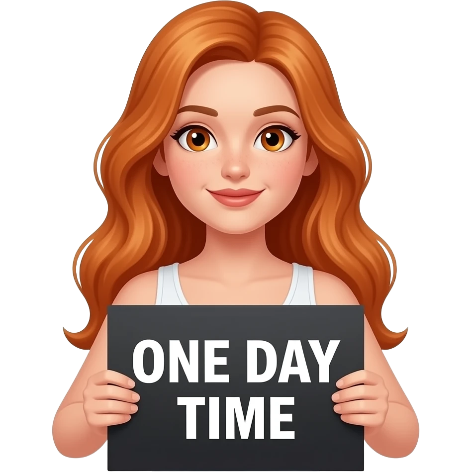sexy girl with long ginger hair and ginger eyes wearing a white tanktop is holding a black sign with ONE DAY at a TIME written on it emoji