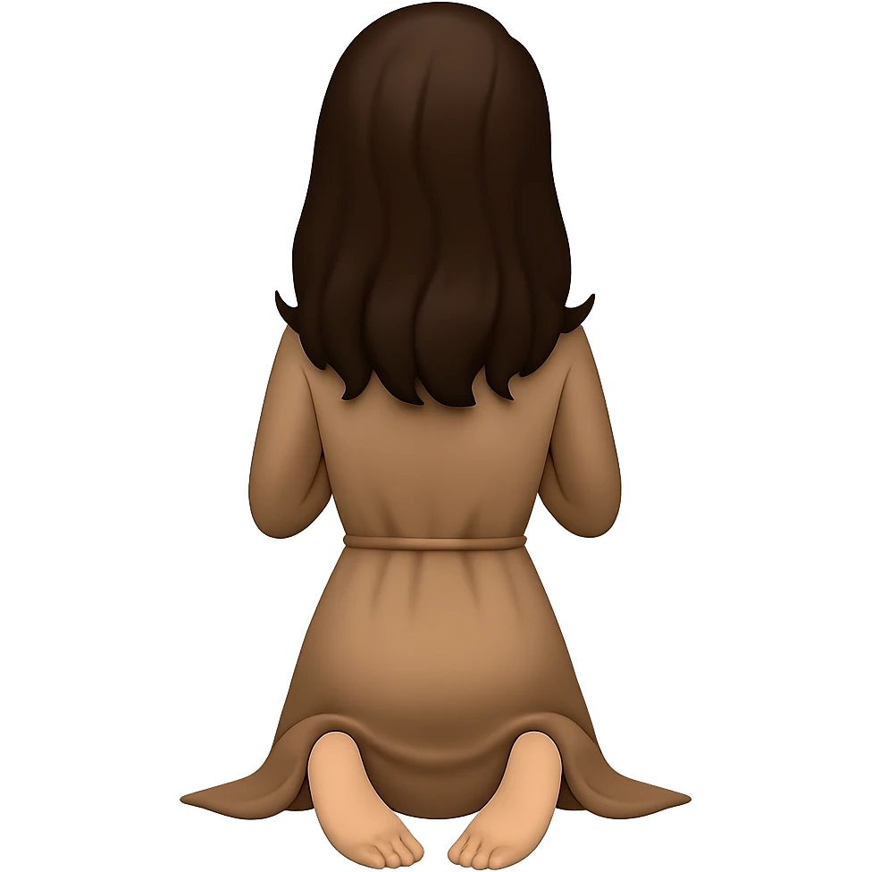 Create a woman kneeling and praying from the back view, with her feet visible and out behind her, wearing a long tan dress, with dark brown hair, matching the body figure of the reference image. The style should resemble emoji style. Remove the background. emoji