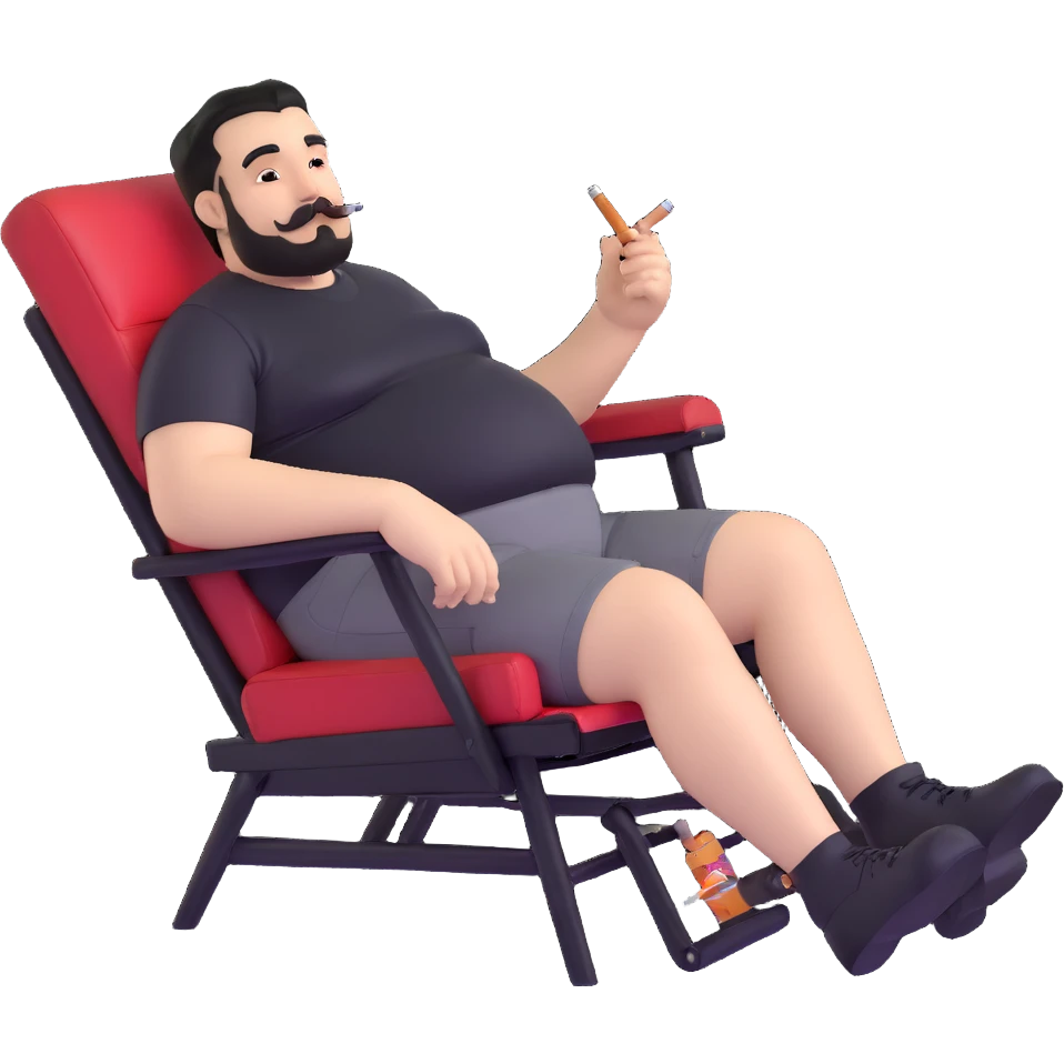 Large man reclining in chair, legs spread, smoking a cigarette, round face, very short black hair, well-groomed beard with mustache, light skin, black t-shirt with light stripes at top riding up to show belly, black shorts, arms covered in black graphic tattoo patterns with designs visible on forearms and shoulders emoji