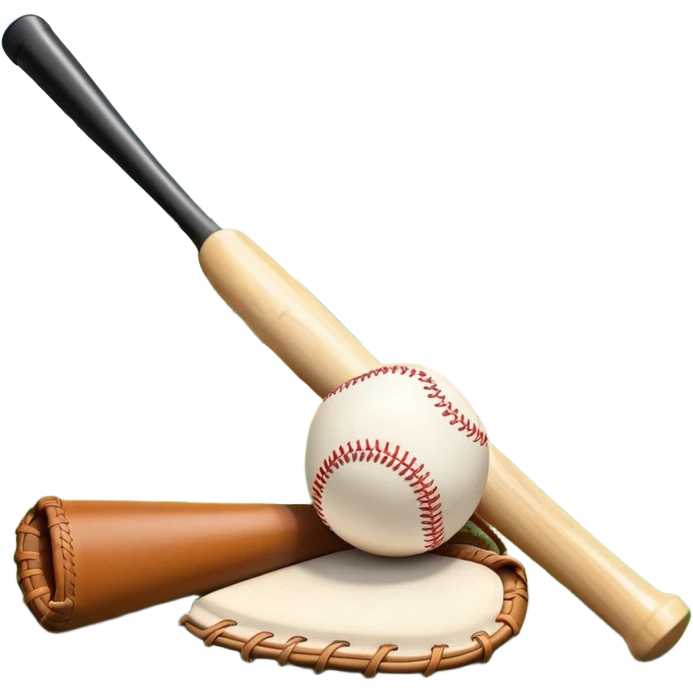 A baseball bat, ball, and glove resting on the ground, set against the backdrop of a baseball field. The scene captures the iconic equipment of the sport, with the field in the distance and a bright sky above, evoking the spirit of the game. emoji