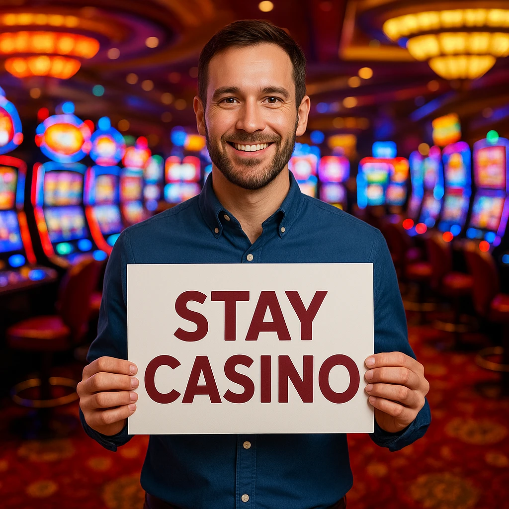 A man standing in a casino holding a sign that says 'Stay Casino', vibrant casino atmosphere, slot machines and lights in the background. emoji