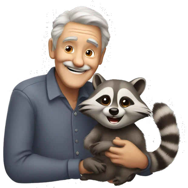 a funny old man smiling with racoon on his hands emoji