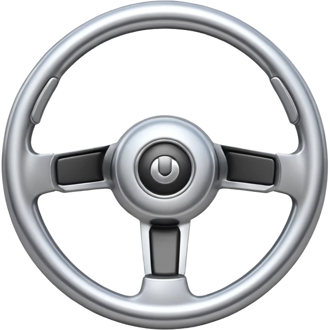 A futuristic steering wheel emoji made of silver chrome, minimal geometric design, smooth metallic surface, soft reflections, iOS emoji style, centered, clean white background emoji