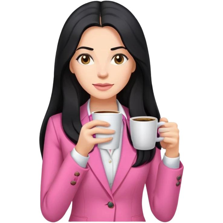 business dressing pink clothes woman  caucasian with a long black hair drinking coffee emoji