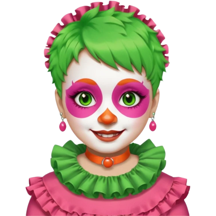 Bright green short hair.

White face paint with green eye makeup and a red nose.

Big wide smile.

Wearing a pink ruffled collar with an orange outfit. emoji