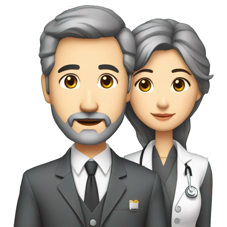 husband preacher middle age dark gray hair trimmed beard business suit, with wife asian age 55 dark hair nurse uniform emoji