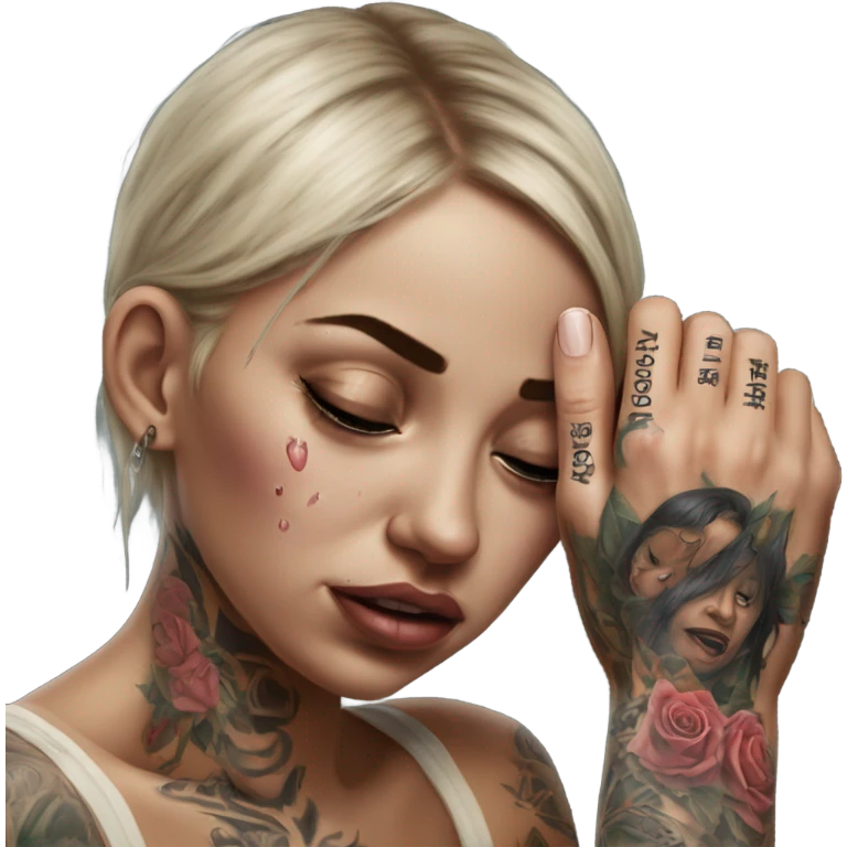 Hyper Realistic Beautiful tattooed woman crying pulling her boyfriends hand  emoji