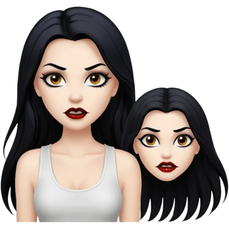 White woman with a white tank top long black hair glossy middle part long hair vamp look with fangs brown eyes eyeliner winged with lashes top and bottom white border big lips black eyebrows emoji