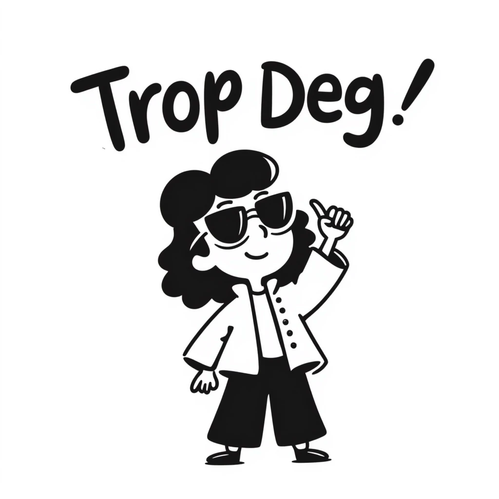 Sketchy character with sunglasses looking extremely cool with 'Trop Deg' text emoji