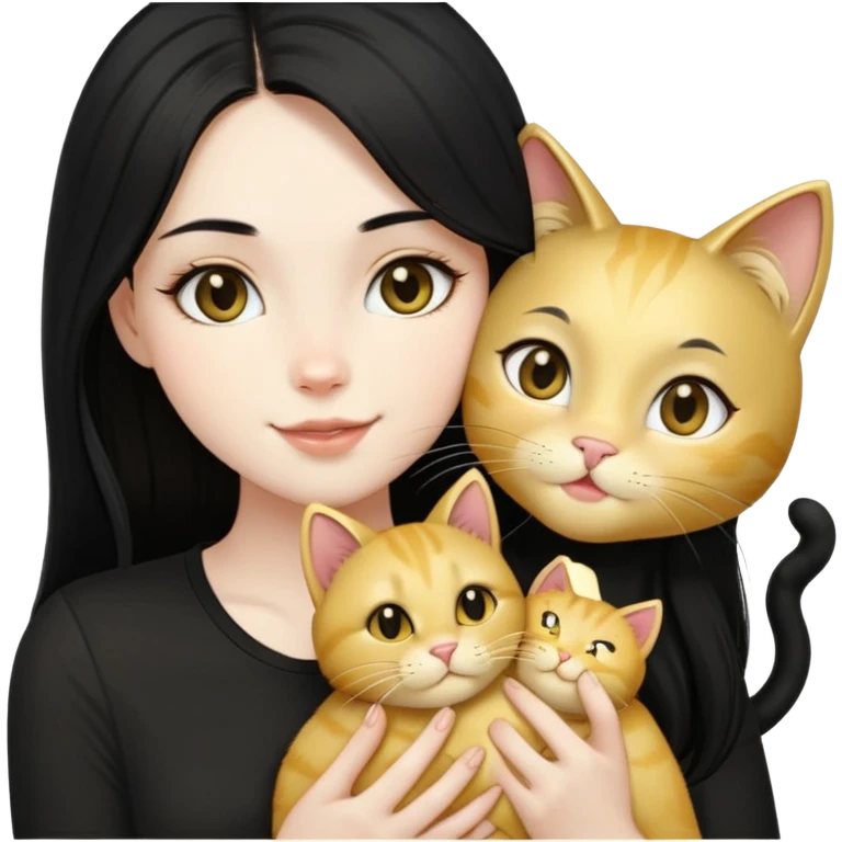 pale girl  with dark eyes and long black hair wearing black shirt kissing gold cat holding smiling light gold cat emoji
