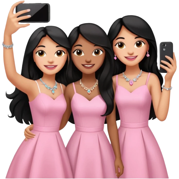 Just 3 besties with professional glammed up looks wearing pink and white, medium skin tone smiling big with black long hair. Very girly wearing jewelry, taking a selfie  emoji