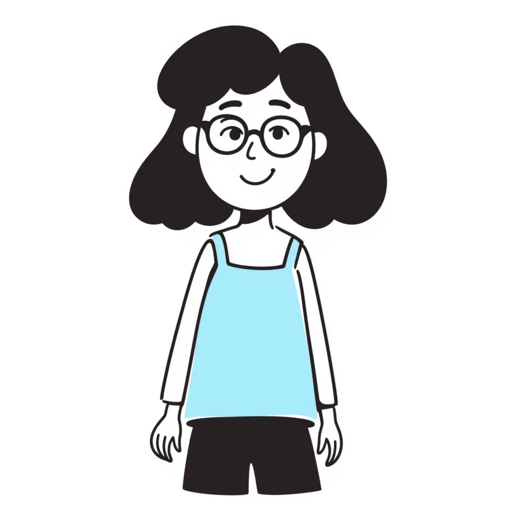 a light brown girl with long eyelashes, black medium hair, clear glasses, wearing a cute light blue tank top with spaghetti straps, hand drawn doodle style emoji