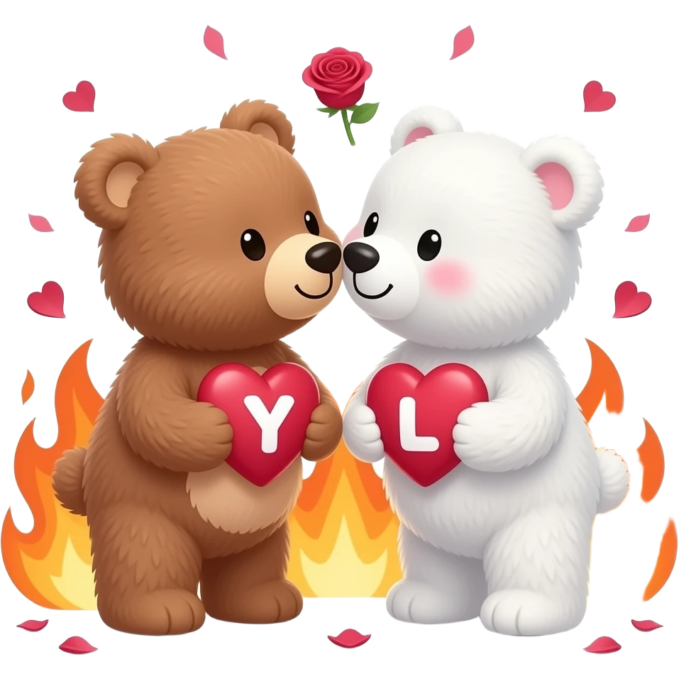 I want one light brown bear teddy kissing on cheek white bear teddy both holding heart surrounded fire , both a little furry, the  white bear blushes and smiles , add letter Y to the heart of the brown bear and letter L to the heart of the white bear , rose petals falling from sky , passion emoji
