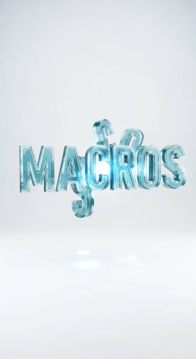 le parole "macros" fluttuano in aria, sfondo bianco emoji