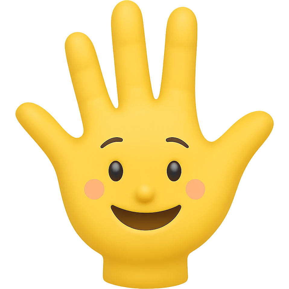 Make the eyes and fingers smaller, keep the hand waving and smiling, preserve transparent background. The style is a cartoonish character with a transparent background. emoji