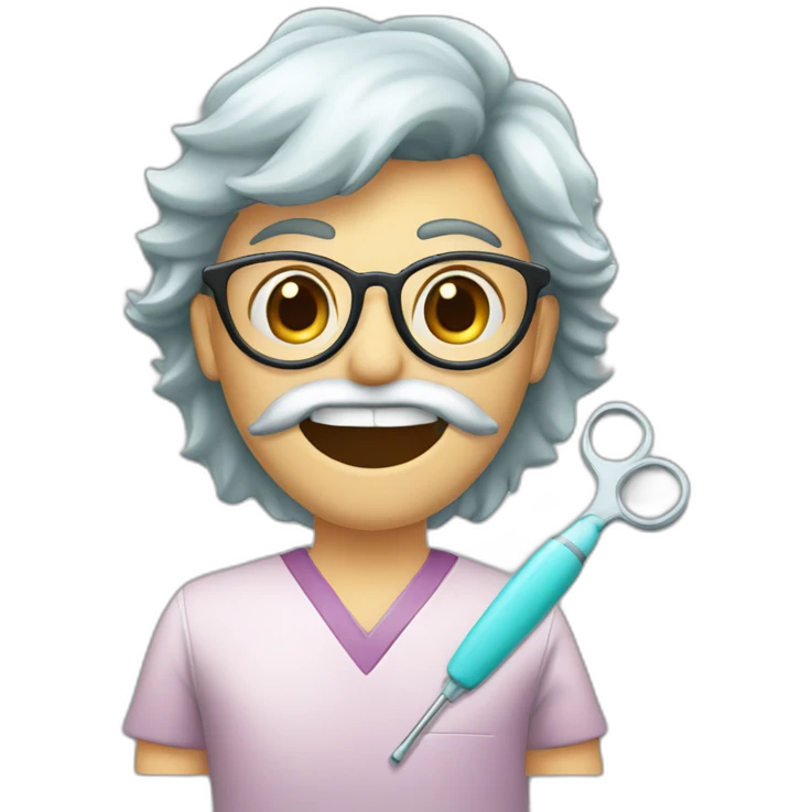 Dentist-middle length of hair-with glasses-holding mouth mirror and handpiece -eyesmile emoji