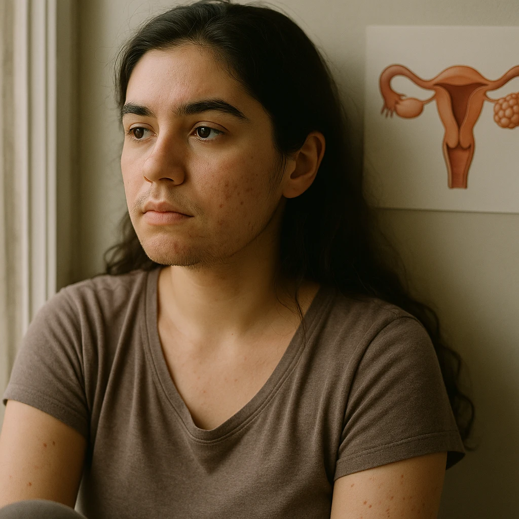 Create a soft and realistic portrait of a young woman with PCOS sitting by a window with natural light highlighting her faint facial hair and acne scars. The image should have a shallow depth of field and resemble 8 DSLR-style photos, raw and unfiltered. Include a subtle reference to polycystic ovaries inspired by the provided medical illustration. The style should be natural and photographic, focusing on authenticity and gentle lighting. emoji