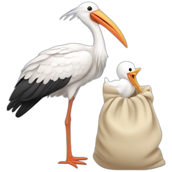  white stork carrying a bundle of cloth in its beak that has a human baby with dark hair and the baby face is peeking out from the cloths bundle the strok is carrying emoji
