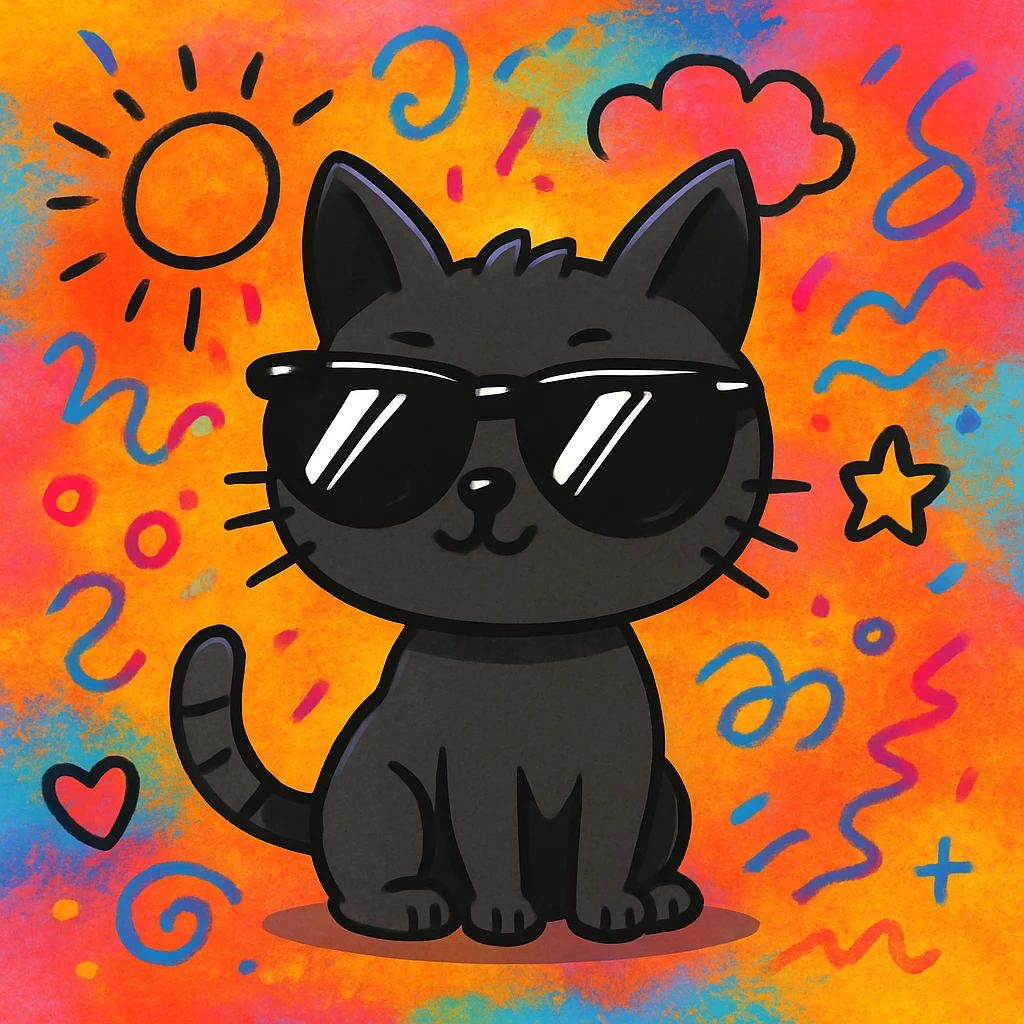 Add a vibrant, colorful background behind the cat wearing sunglasses, keeping the doodle style look and feel. emoji