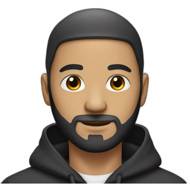 bald man with black (short) beard and no glasses in a black hoodie emoji