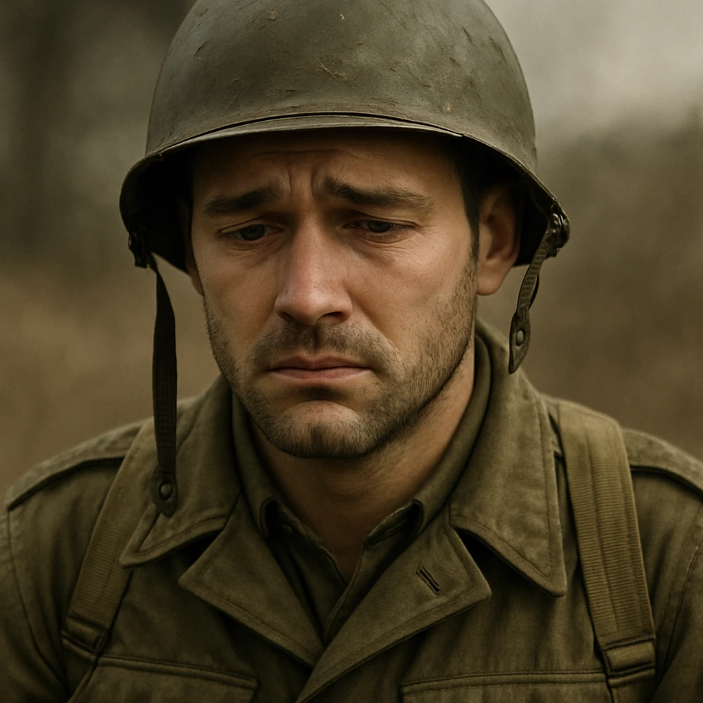 A white man with stubble in a soldier's uniform and a sad face emoji