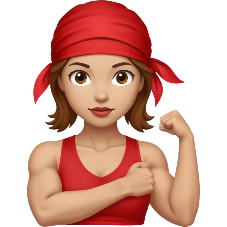Light skin and brown hair with red bandana Rosie the Riveter shows biceps emoji