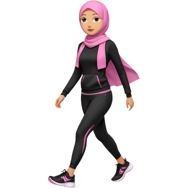 tan skin, hijabi young women in pink hijab, going for walk in black active wear clothing full body, walking  emoji