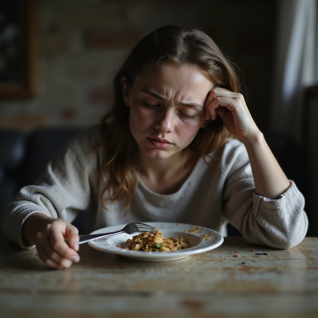 hyperrealistic 4K image of a young woman with a pale and tired face, evident stress, sitting at a table with little food on the plate, pushing food with a fork, atmosphere of discomfort, detailed emoji