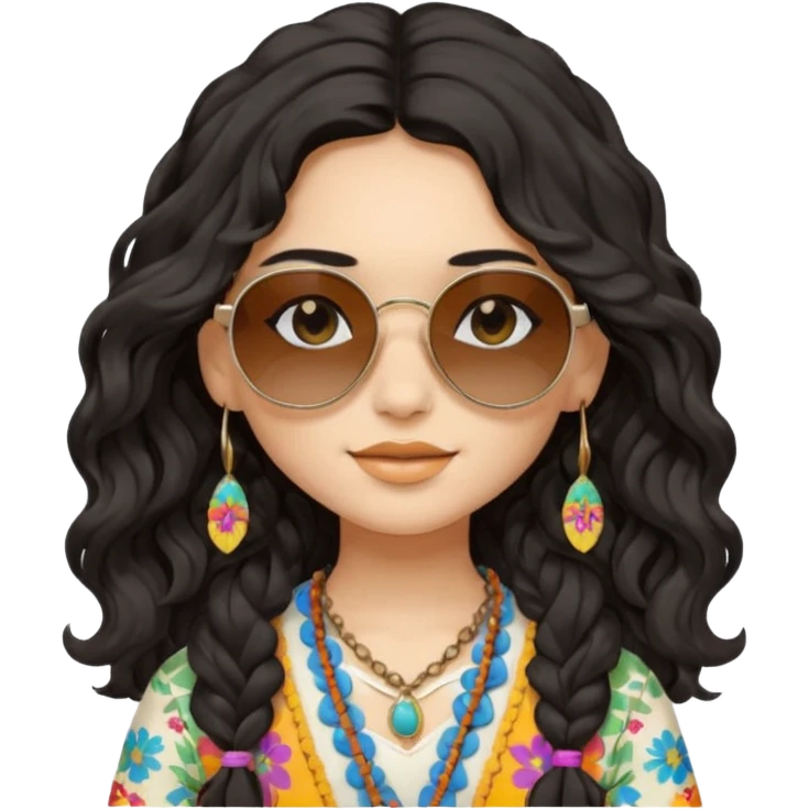 girl in hippies clothes, wearing sunglasses, black wavy hair emoji