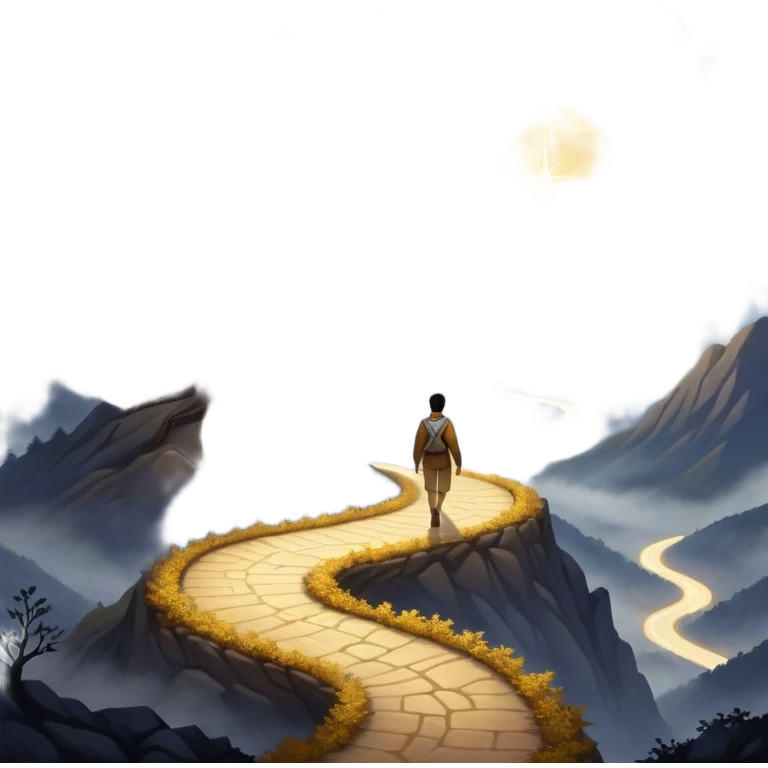 A man walks a winding path from a dark, foggy landscape filled with shadows toward a glowing mountaintop. A light grows in his chest as he follows his intuition. Along the way, he passes symbols of ambition and emptiness, until he reaches a golden tree under a starry sky, and ready to uplift others. emoji