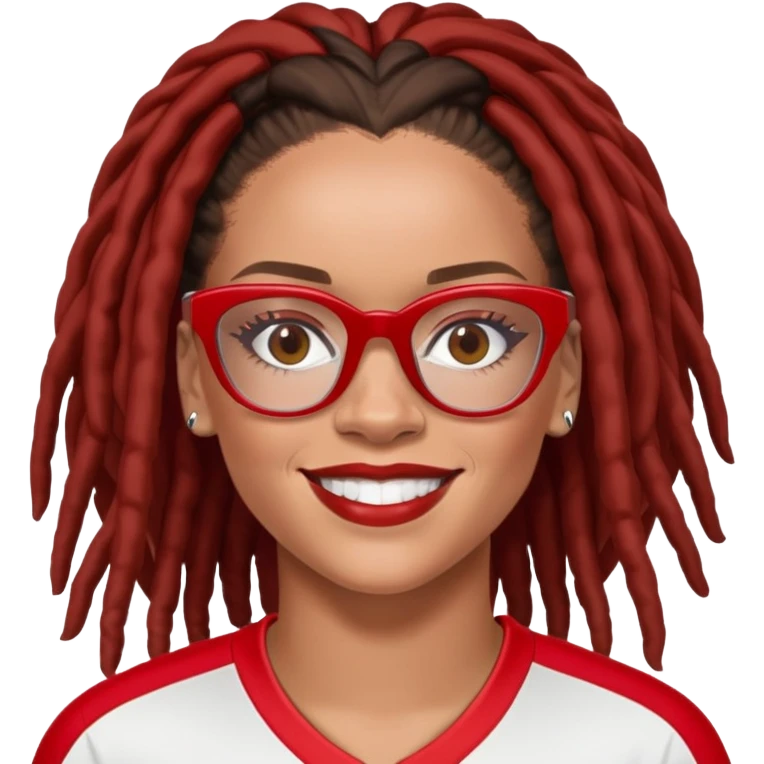 Rihanna with freckles and soccer mom dreadlocks are dark brown and wearing  red and white jersey and cateye eyeglasses big smile emoji