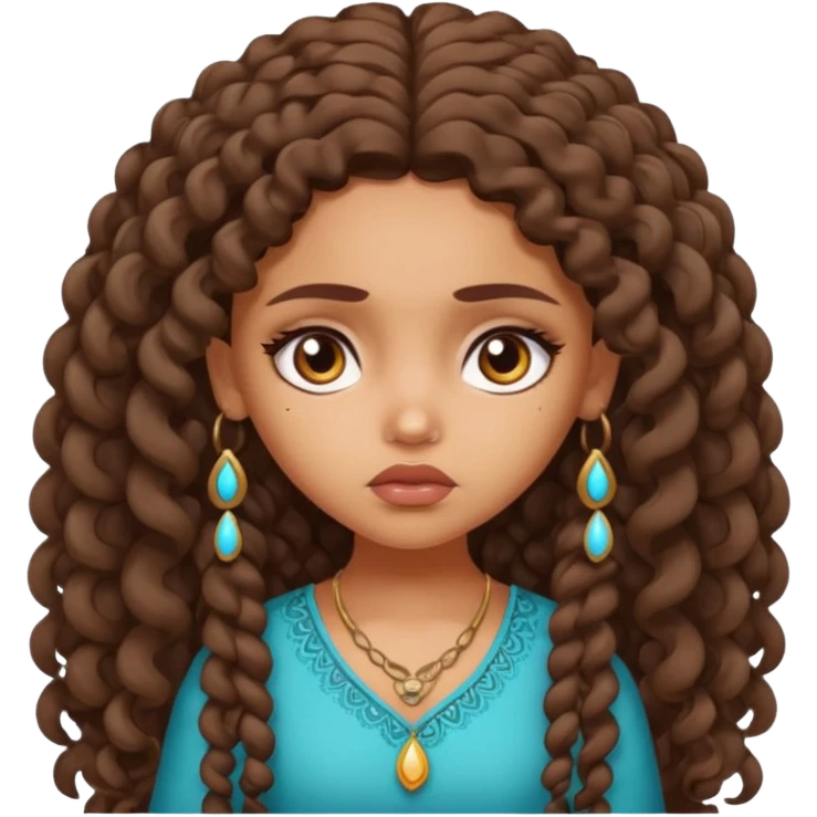 a tan pretty bratz indian girl with curly long brunette hair, looking sad emoji