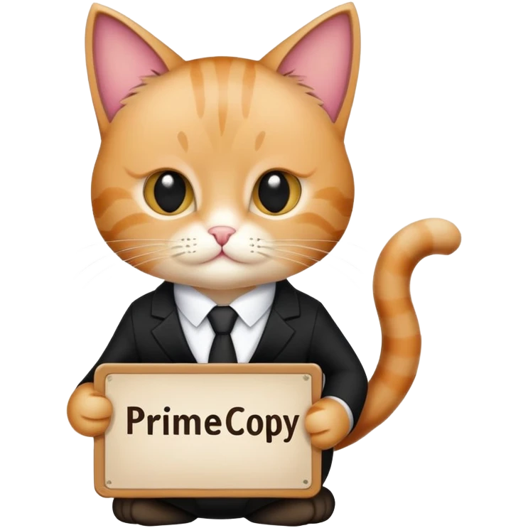 Cat in a black suit holding a sign with the inscription “PrimeCopy” emoji