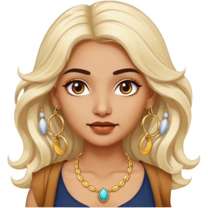 Attractive indian woman with a wide face, baddie look, Long wavy white-blonde hair and gold hoop earrings emoji