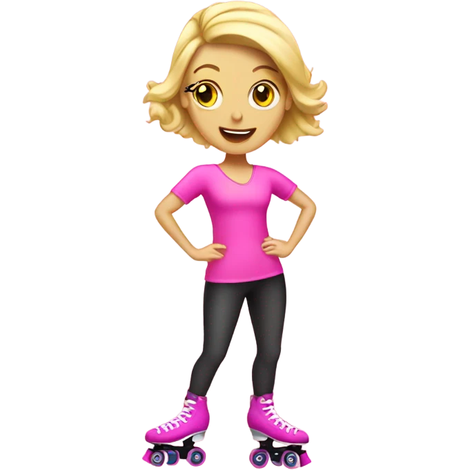Blonde lady roller skating wearing pink emoji