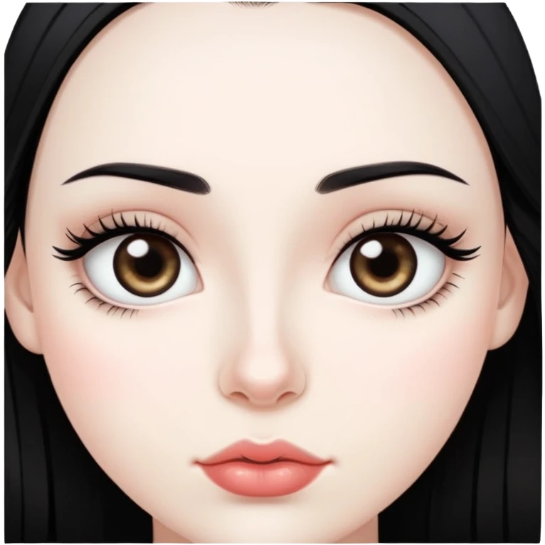 Girl with dark black hair,pale skin,good lips,good nose,big dark eyes and long eyelashes and tiny dark eyebrows, emoji