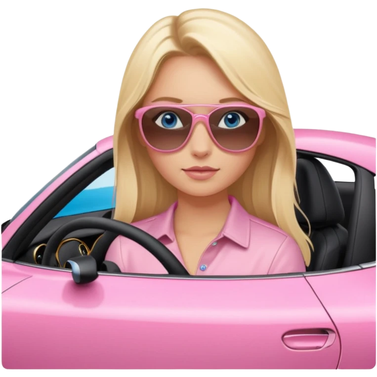 Blonde girl with blue eyes sitting infront of a pink porsche taycan emoji