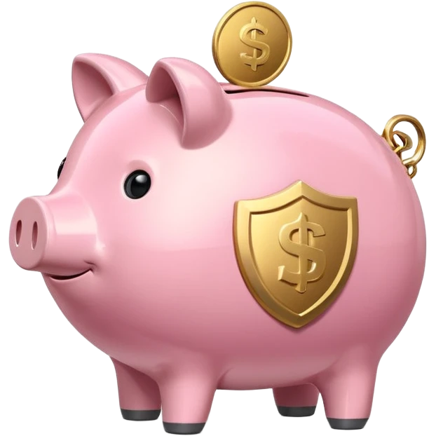 A clean and simple emoji-style icon: A stylized piggy bank with a coin dropping into it from above. Next to or slightly behind the piggy bank, a small shield symbolizing security and protection. Minimal details, rounded shapes, bright flat colors, consistent with standard emoji design. emoji