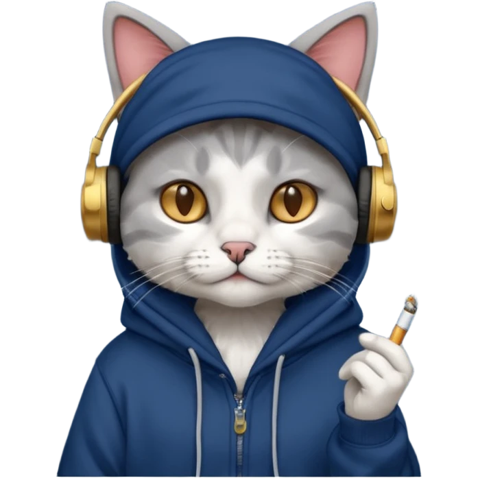cat in headphones, in a dark-blue oversized hoodie with a cigarette in his hand  emoji